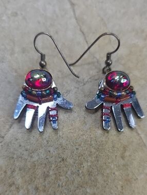 Signed Liztech Silver Hand Hamsa Earrings with Iridescent Red Cabochons Wirewrap